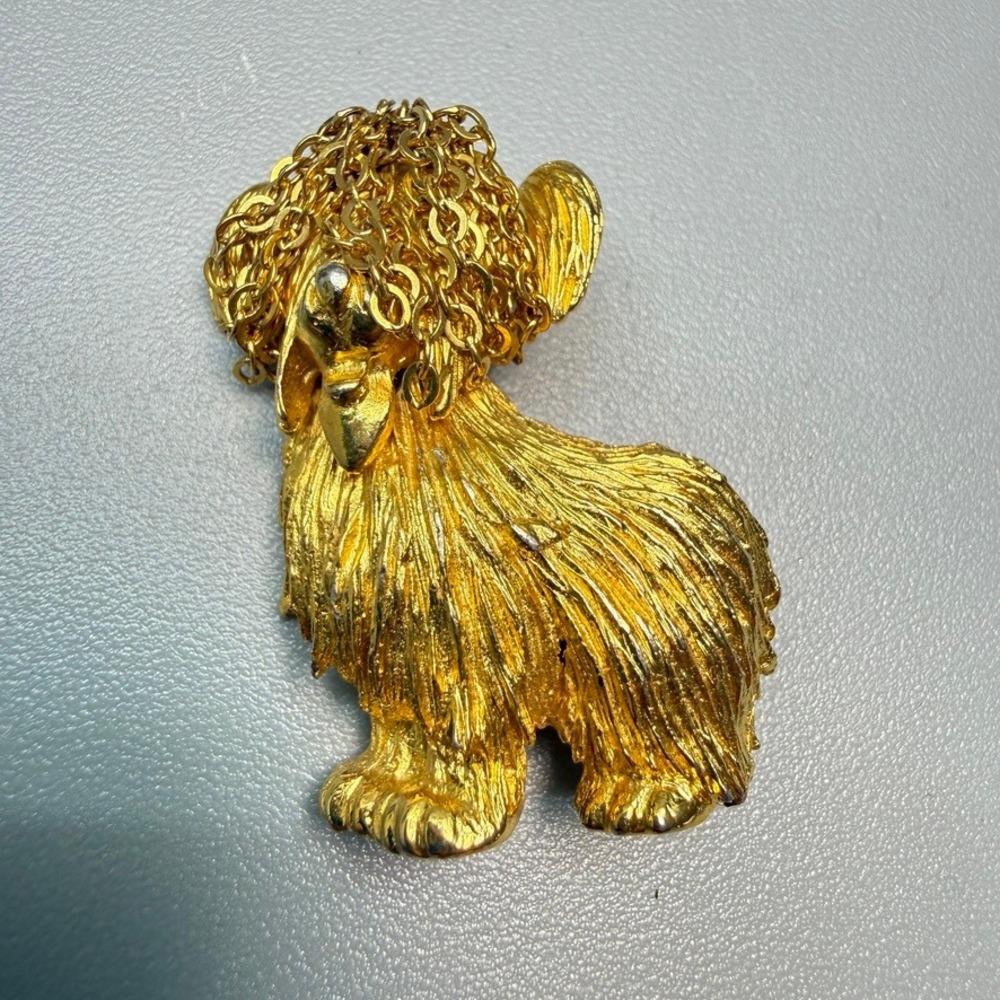 Vintage R. Mandle Gold Tone Shaggy Dog Brooch Fringe Mop Top